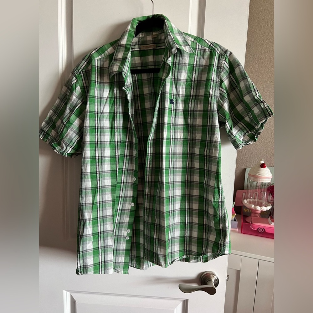 Mens Burberry Short Sleeve Button down Green Plaid Shirt Size Large